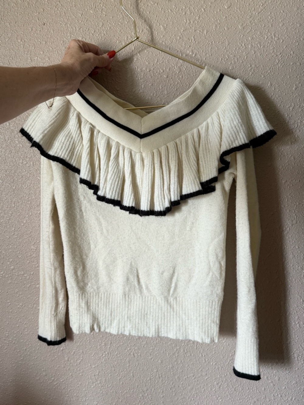 Anthropologie Cream Off-Shoulder Ruffle Sweater with Black Trim